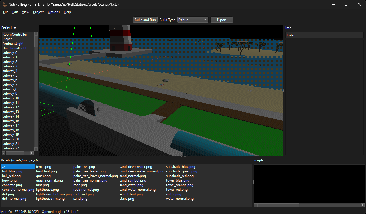NutshellEngine's Editor, with B-Line's Beach station scene, Scripts' names are hidden